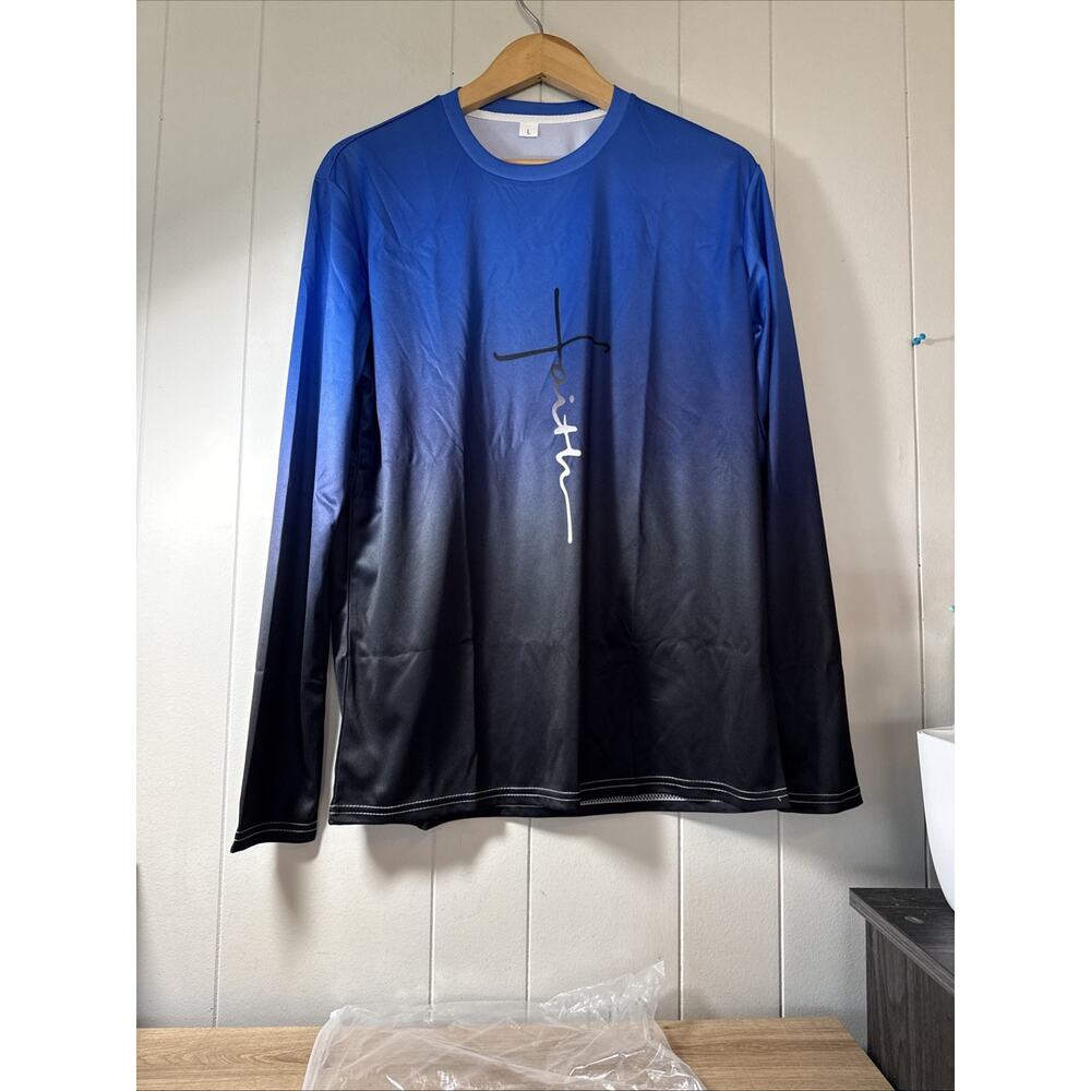 Long sleeve t shirt men’s Large “faith” New Blue/ Black HH
